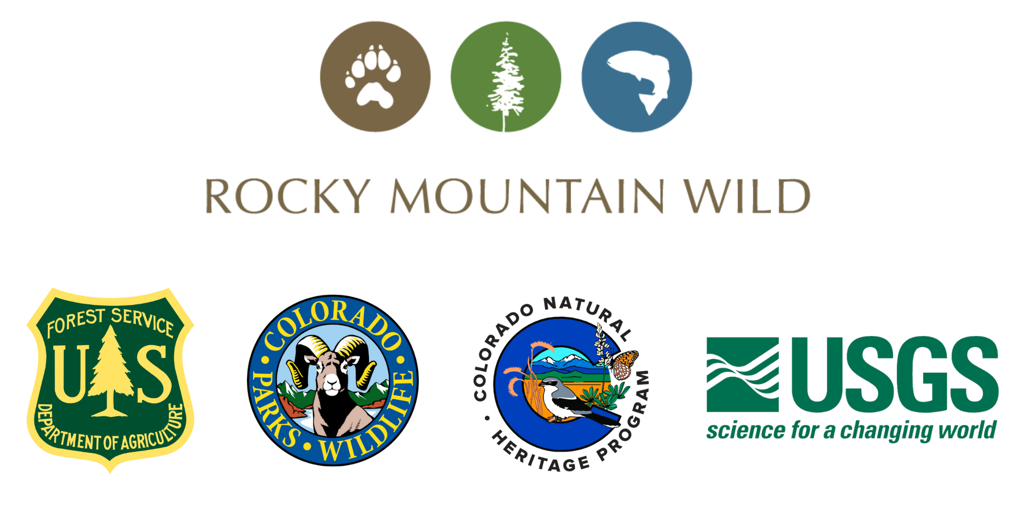 A series of logos. On the top is the Rocky Mountain Wild logo. Below that is the US Forest Service, Colorado Parks and Wildlife, Colorado Natural Heritage Program, and USGS logos.